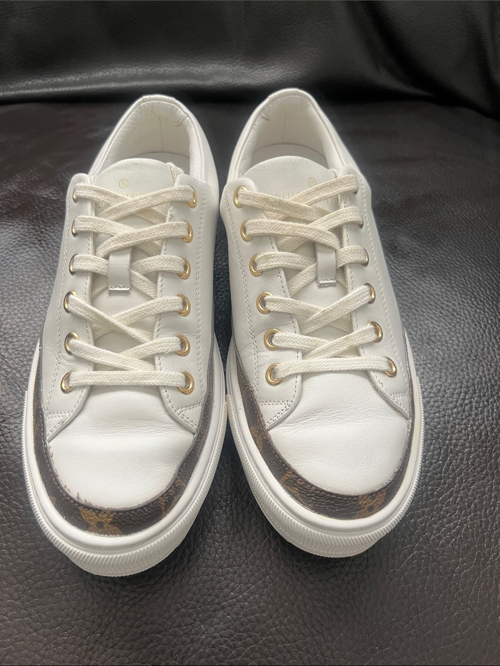 Louis Vuitton White Leather Sneakers with Brown Monogram Trim